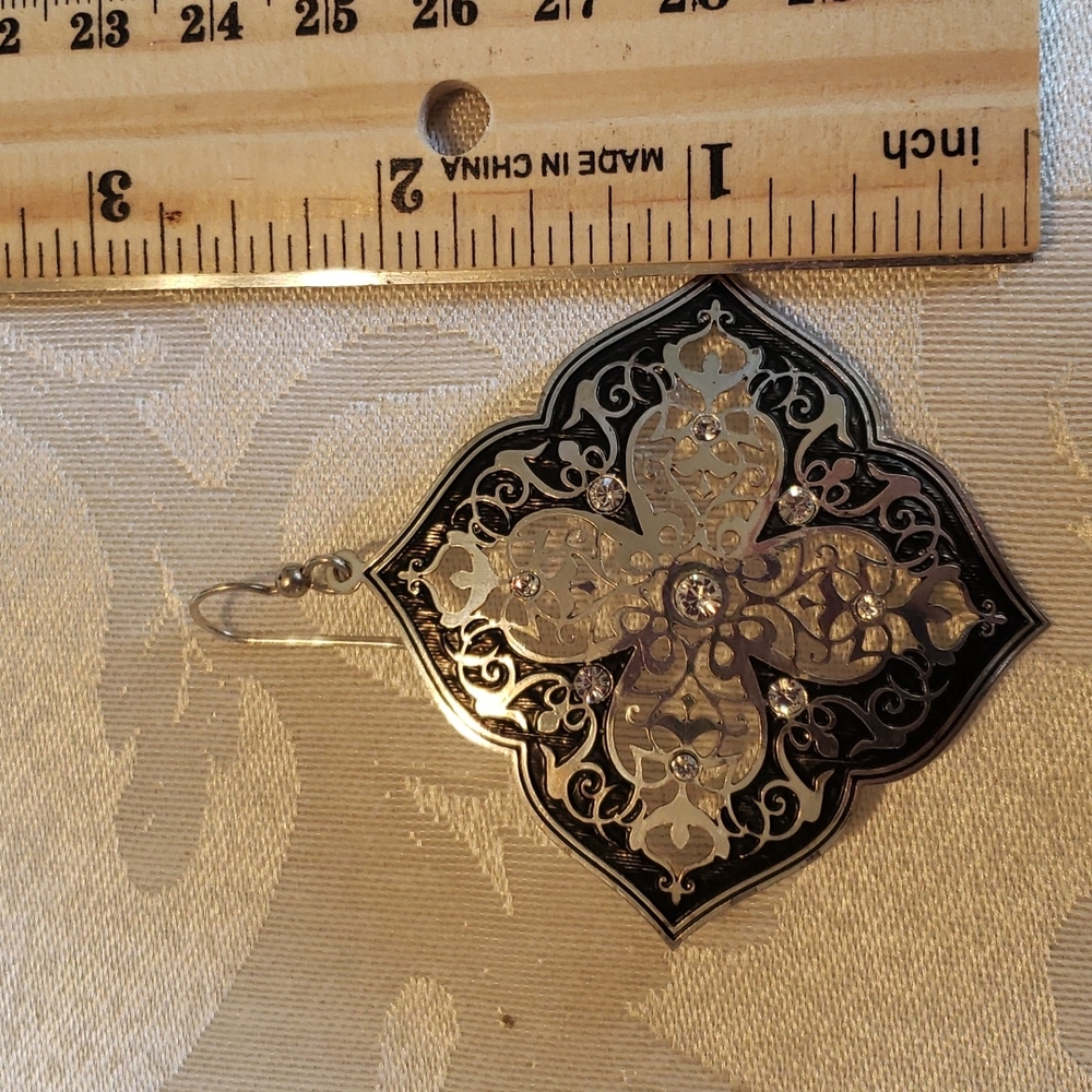 Earrings, large silver and black with clear crystals - Picture 3 of 3